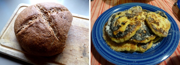 Links: Mein erstes Brot. Rechts: Leckeren Quarkkeulchen - danke Karsten!